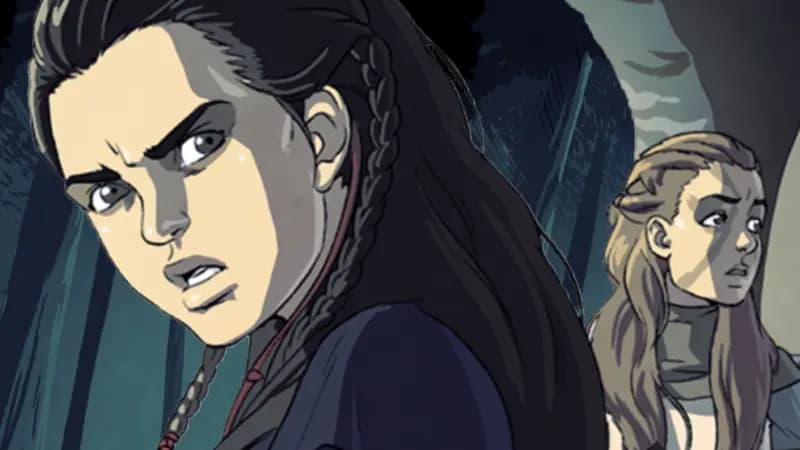 Illustrated Wolfblood girls looking suspiciously at each other.