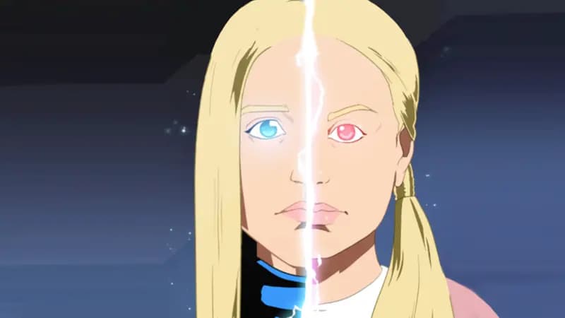 Eve comic with one blue eye and one red eye.