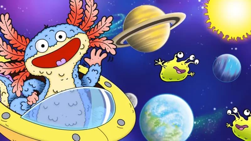 An alien is piloting a UFO in outer space surrounded by aliens