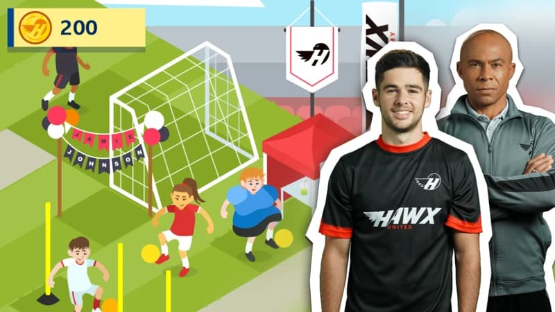 Jamie and Coach are standing in front of a screenshot of a management game where you build a football festival