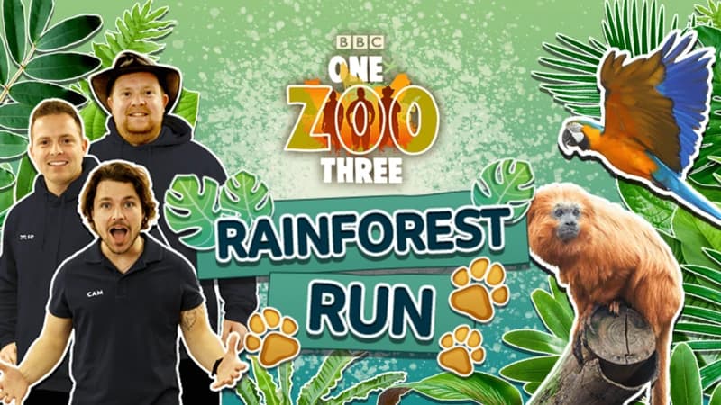 "One Zoo Three: Rainforest Run". Aaron, Cam and Tyler are excited standing next to a parrot and monkey in front of lots of tropical plants