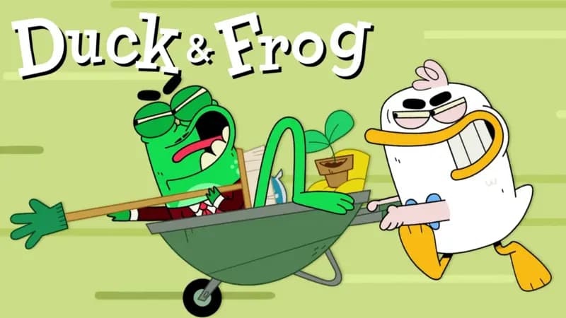 Duck is pushing frog in a wheelbarrow across the lawn. the Duck and Frog logo sits in white above Frog's head