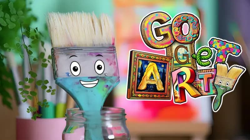 Go Get Arty logo next to the mascot, the talking paintbrush