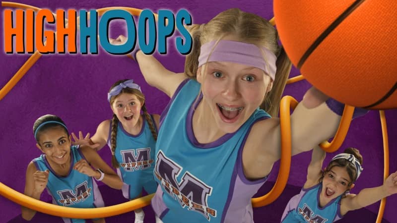 High Hoops characters shooting a basketball up towards the camera, all excitedly.