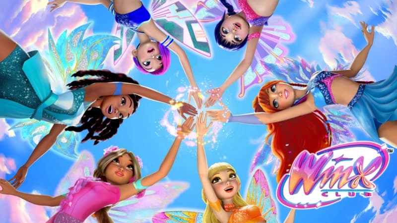 winx club fairies standing with their hands meeting in the middle of a circle.