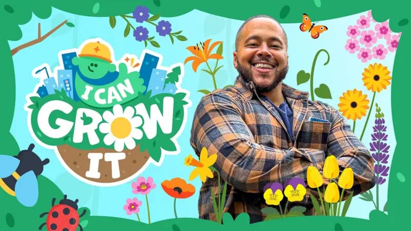 Aaron with arms folded looking proud. I Can Grow It logo surrounded by illustrated flowers, a bee and a ladybird.